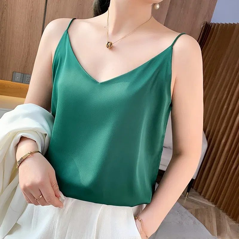 Color: army green, Size: XL - Fashion Silky Camisole Women's Inner With White Bottoming Satin Top Summer V-neck Thin Section