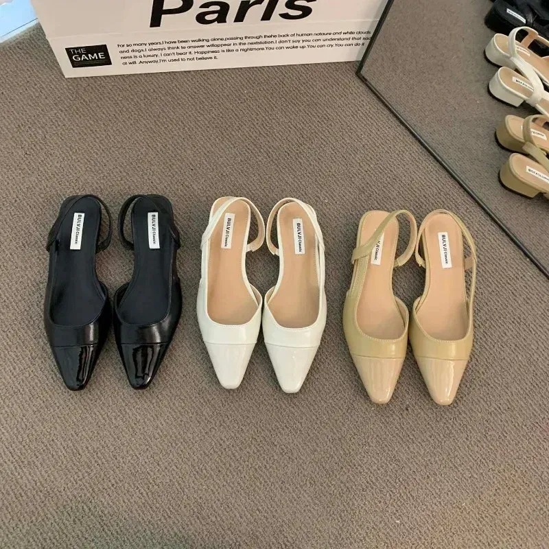Color: Khaki, Shoe Size: 40 - 24Low Heel Baotou Sandals Women's French Nude Color Pointed Small Fragrant Style Ladies Thick Heels Back Air Style Single Shoes