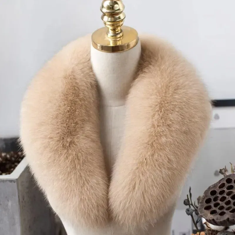Color: Khaki, Size: L - Fox Fur Collar Winter Coat Hood Decor Furry Fur Collar Natural Fur Scarf Warm Shawls Scarves Large Fur Shawl Red Fur Collar