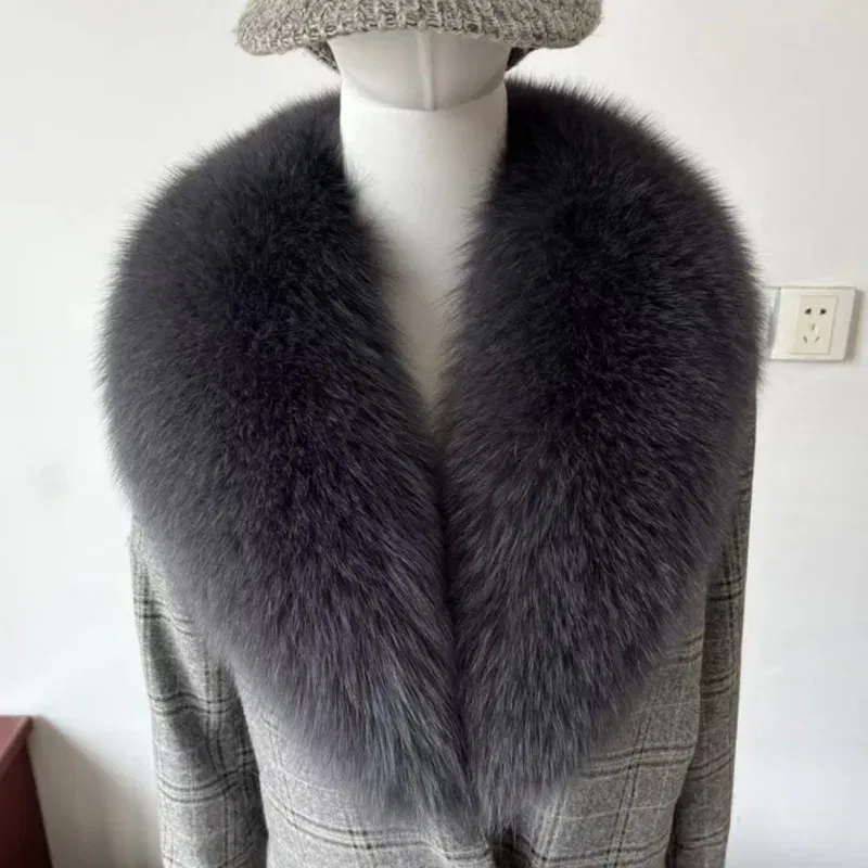 Color: DEEP BLUE, Size: M - Winter Real Fox Fur Collar Woman Furry Natural Raccoon Fur Scarf Shawls Luxury Neck Warmer Wraps For Coat Fur Scarves Large Size