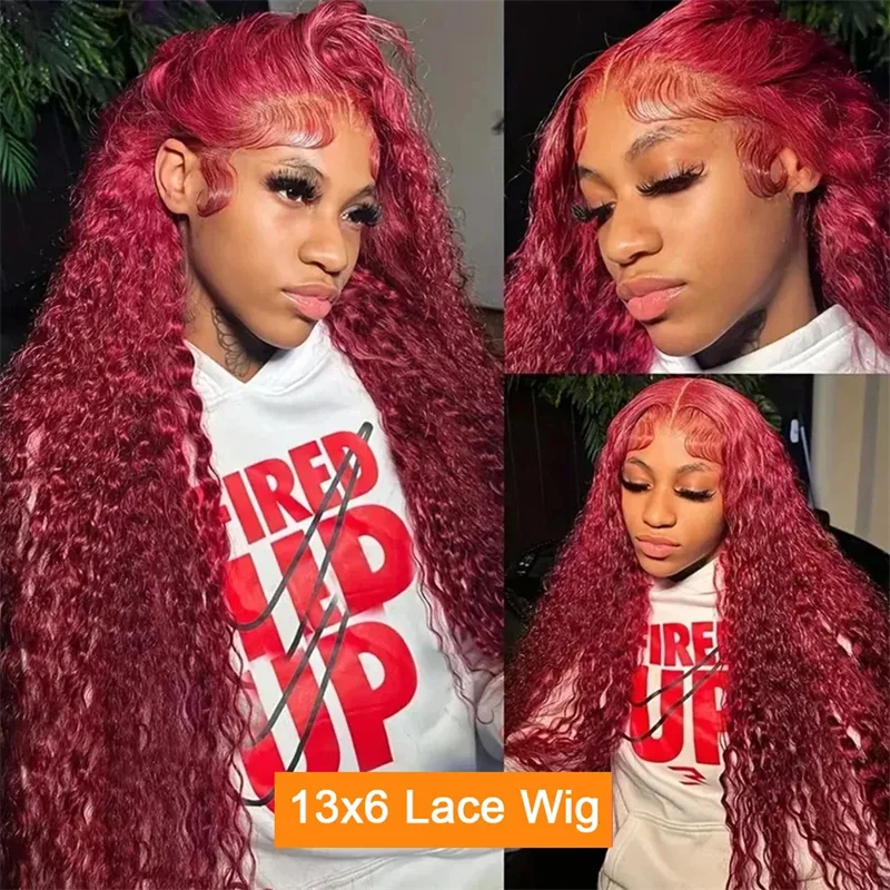 Hair Color: #6, Stretched Length: 28inches, Density: 250%, Ships From: CHINA - 30 40 Inch 99J Burgundy 13x6 Hd Lace Frontal Human Hair Wig Red Colored 13x4 Transparent Lace Curly Deep Wave Frontal Wig