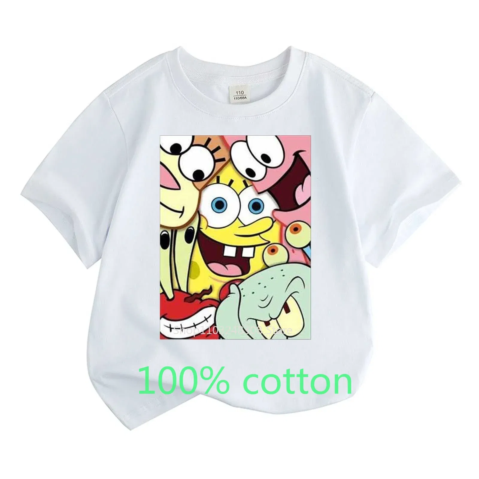 Color: army green, Kid Size: 9T - Mr. Krabs Squidward Sandy Spongebob T-shirt 100%Cotton Children Round Neck Short-sleeved Boys Girls Fashion Kids Clothes