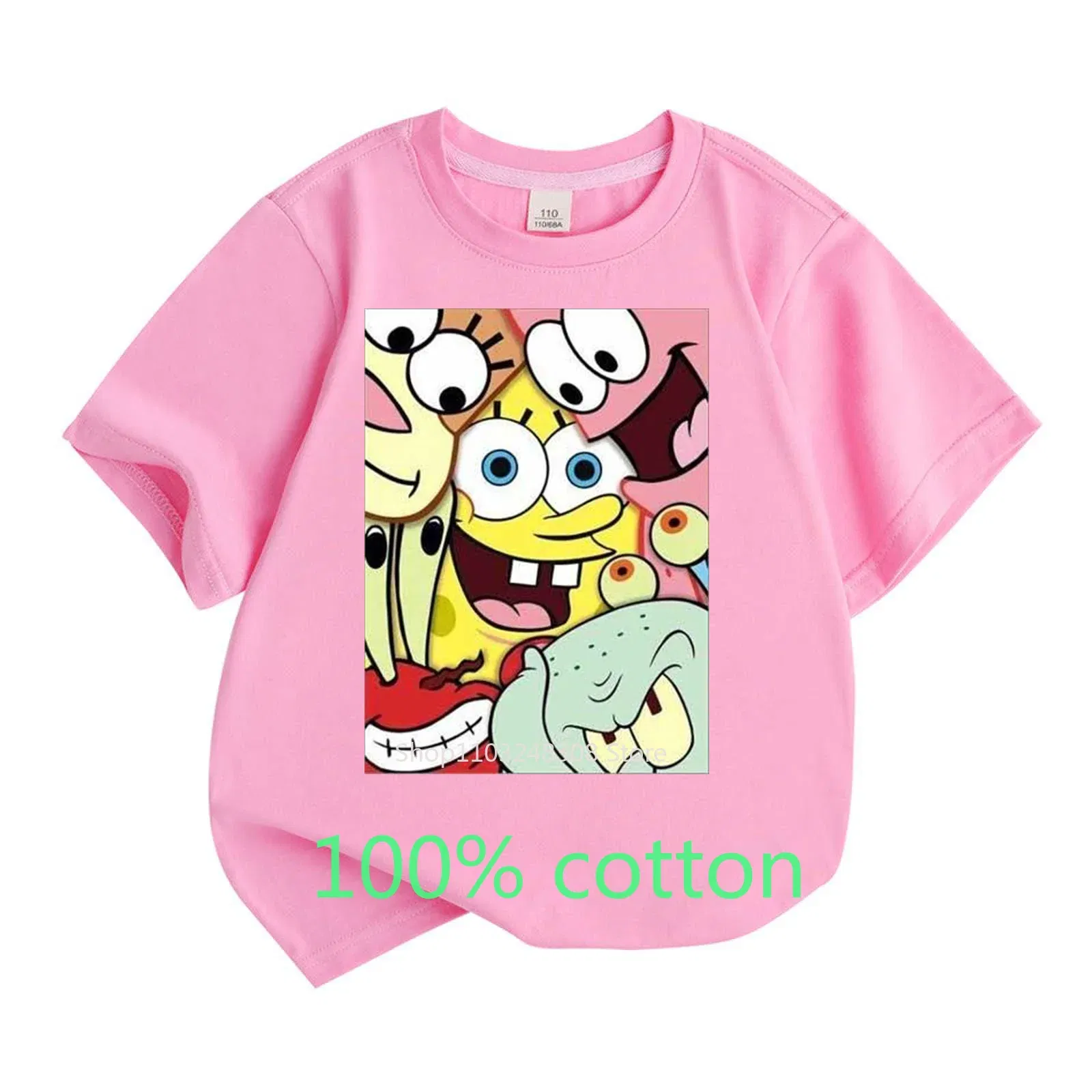 Color: army green, Kid Size: 9T - Mr. Krabs Squidward Sandy Spongebob T-shirt 100%Cotton Children Round Neck Short-sleeved Boys Girls Fashion Kids Clothes