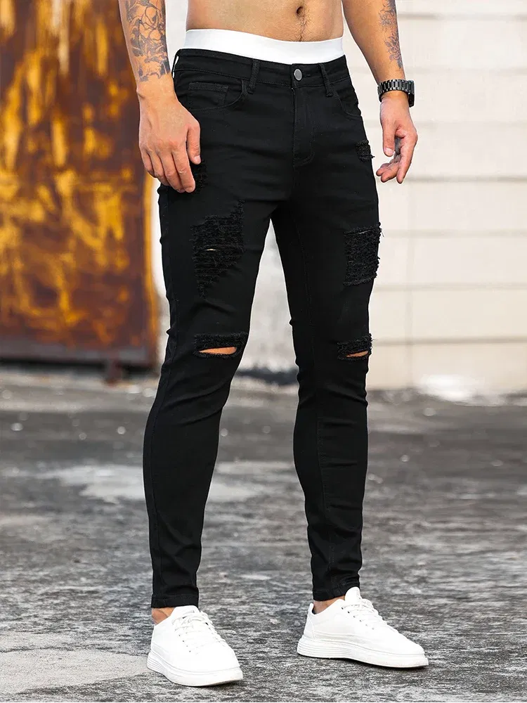 Color: Beige, Size: M - Fashion Men's Street Ripped Jeans Pure Black Stretch Tight Small Foot Pencil Pants Boyfriend Club Clothing Denim Ropa Hombre