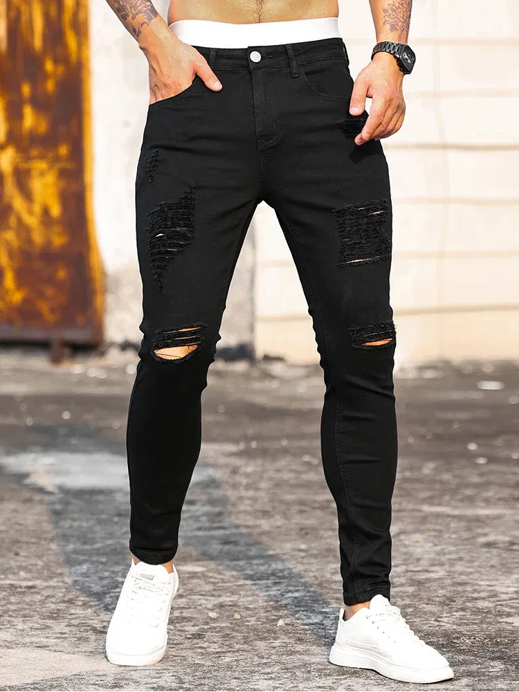 Color: Beige, Size: M - Fashion Men's Street Ripped Jeans Pure Black Stretch Tight Small Foot Pencil Pants Boyfriend Club Clothing Denim Ropa Hombre