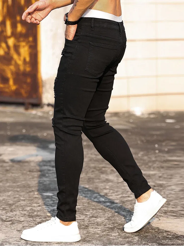 Color: Beige, Size: M - Fashion Men's Street Ripped Jeans Pure Black Stretch Tight Small Foot Pencil Pants Boyfriend Club Clothing Denim Ropa Hombre