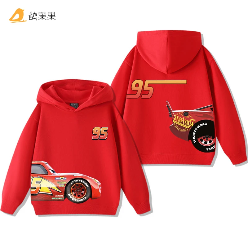 Color: Ivory, Kid Size: 4T - Cars Lightning McQueen Fun Printed Kids Boys Girls Hooded Sweatshirt Fall and Winter Casual Fashion Warm Student Hoodie