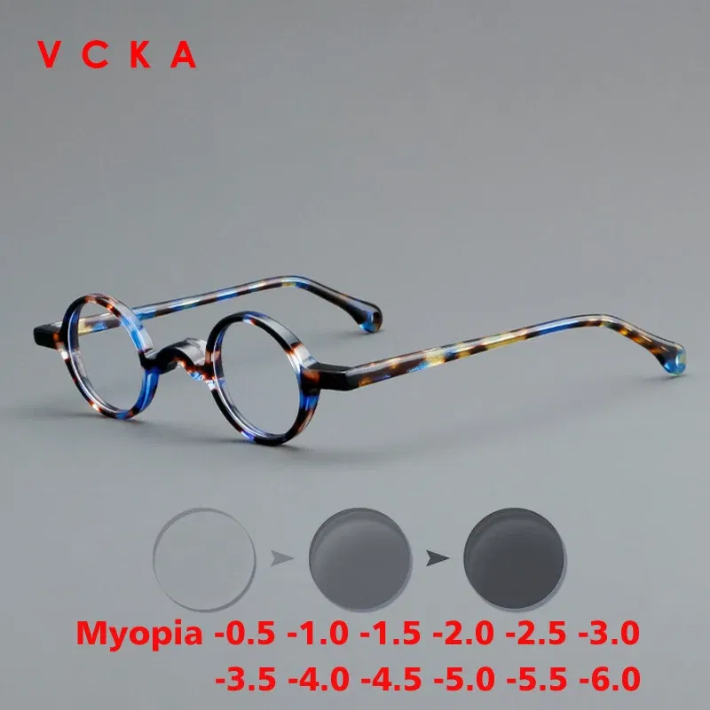 Frame Color: Pink, Eye Prescription: 0 - VCKA Photochromic Acetate Myopia Glasses Men Retro Small Round Frames Women Custom prescription Anti-Blue  Eyewear -0.5 TO -10