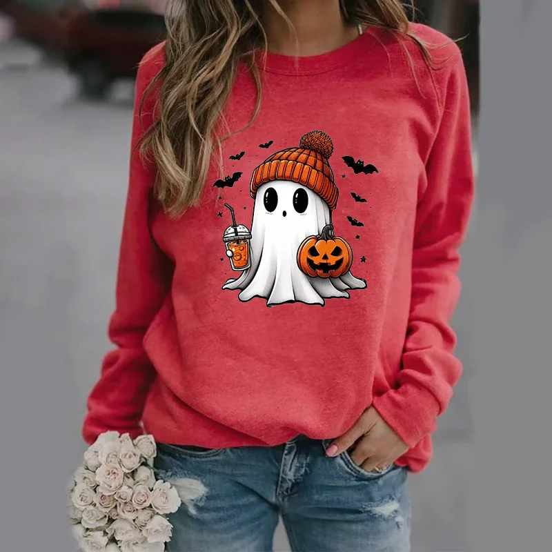 Color: Red, Size: S - Cute Ghost Pattern Sweater Women's Casual Halloween Ghost Harajuku Pullover Fall Women's Tops
