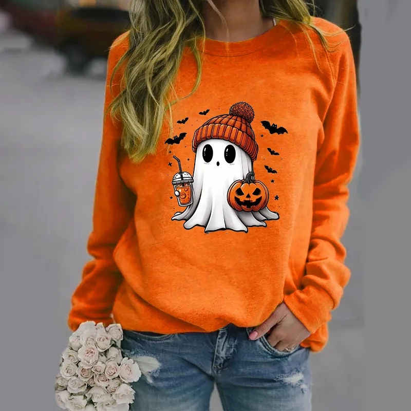 Color: Red, Size: S - Cute Ghost Pattern Sweater Women's Casual Halloween Ghost Harajuku Pullover Fall Women's Tops