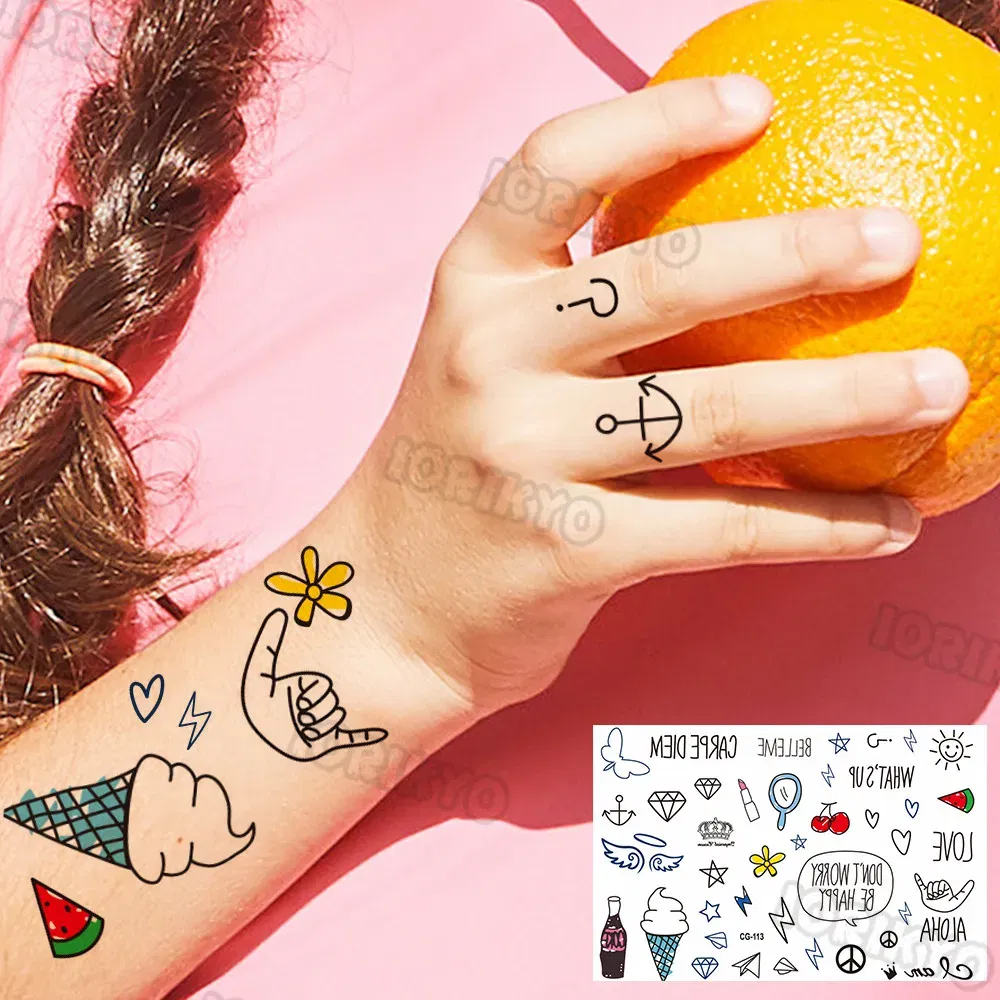 Color: Tea Brown - Summer Style Temporary Tattoos For Kids Adult Boy Girl Fake Ice cream Tattoo Sticker Small Rock Flower Heart Tatoos Hands Finger