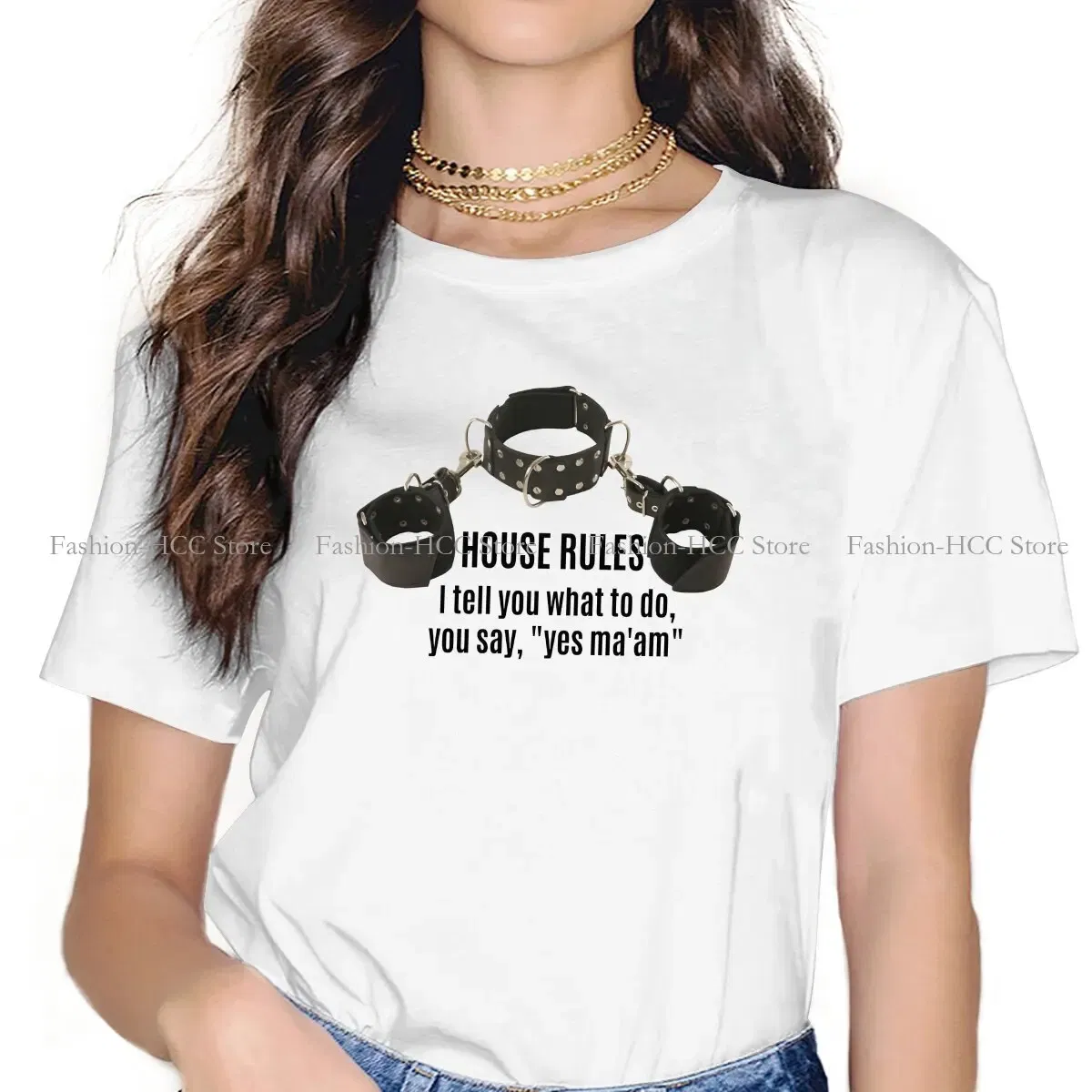 Color: WHITE, Size: XXXL - BDSM Bondage Discipline Dominance Submission Polyester TShirts Collar Cuffs House Rules Female Print Homme T Shirt Hipster Tops