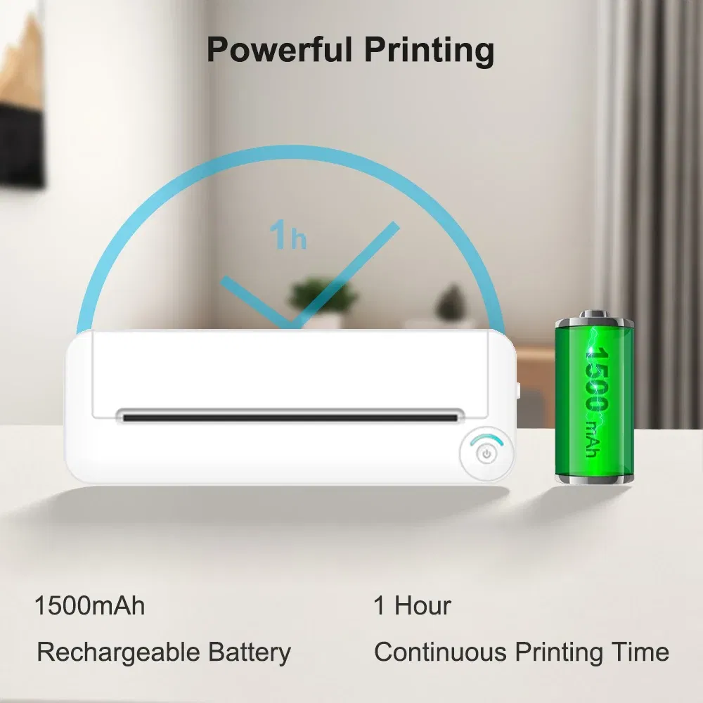 color: WHITE - A4 Paper Printer Thermal Printing Wireless BT Mobile Photo Printer Support 210mm Wide for Outdoor Travel Home Office Printing