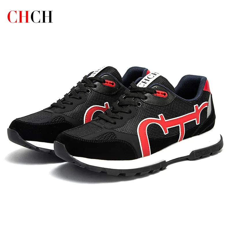 Color: wine red, Shoe Size: 8 - CHCH Men's Tennis Shoes Black Cow Leather Material Stitching Design Men's Shoes Sports Shoes