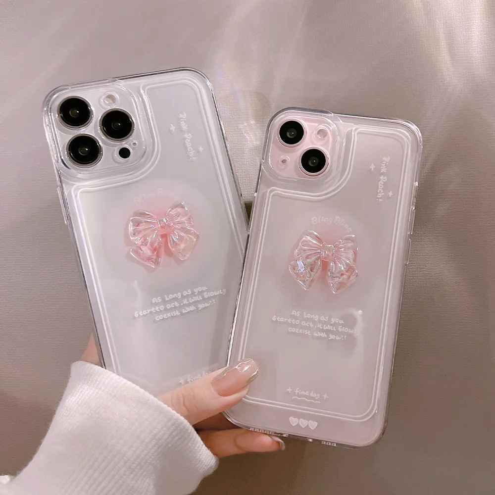 Material: Microfiber, Color: WHITE - NEW 3D Bow Transparent Mobile Phone Case For IPhone 15 14 Plus 13 Pro Max 12 Pro 11 Stereo Crystal Candy Cute Full Soft Cover