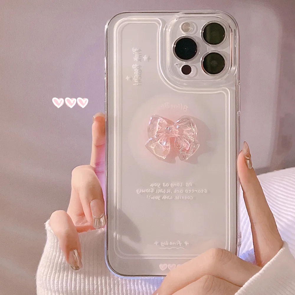 Material: Microfiber, Color: WHITE - NEW 3D Bow Transparent Mobile Phone Case For IPhone 15 14 Plus 13 Pro Max 12 Pro 11 Stereo Crystal Candy Cute Full Soft Cover