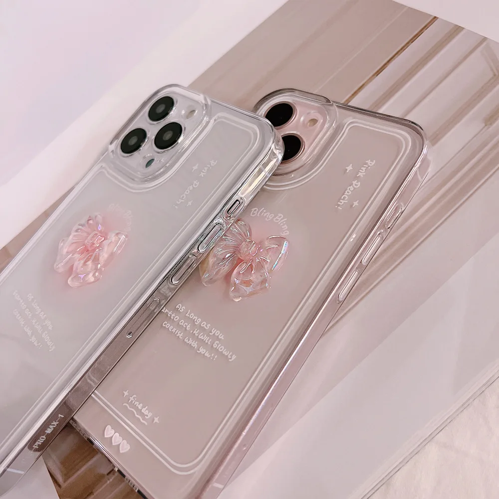 Material: Microfiber, Color: WHITE - NEW 3D Bow Transparent Mobile Phone Case For IPhone 15 14 Plus 13 Pro Max 12 Pro 11 Stereo Crystal Candy Cute Full Soft Cover