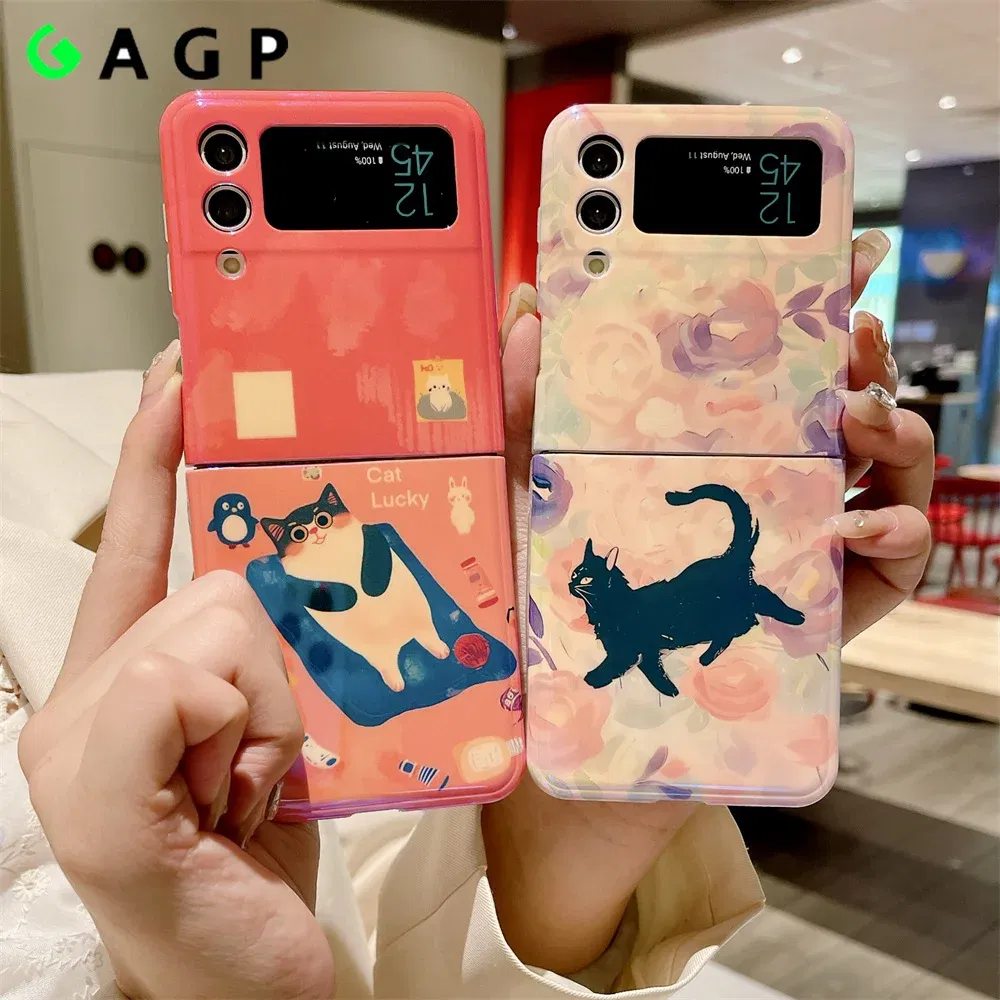 Material: Canvas, Color: Black - Cute Lazy Cat Deer Oil Painting Z Flip 3 4 5 Case Luxury for Samsung Galaxy Z Flip 4 3 5 Z4 Flip4 Flip3 Flip5 Fashion Cover
