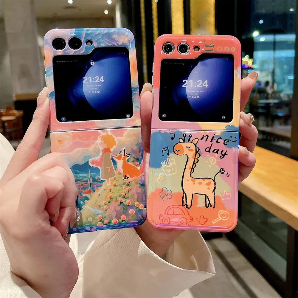 Material: Canvas, Color: Black - Cute Lazy Cat Deer Oil Painting Z Flip 3 4 5 Case Luxury for Samsung Galaxy Z Flip 4 3 5 Z4 Flip4 Flip3 Flip5 Fashion Cover