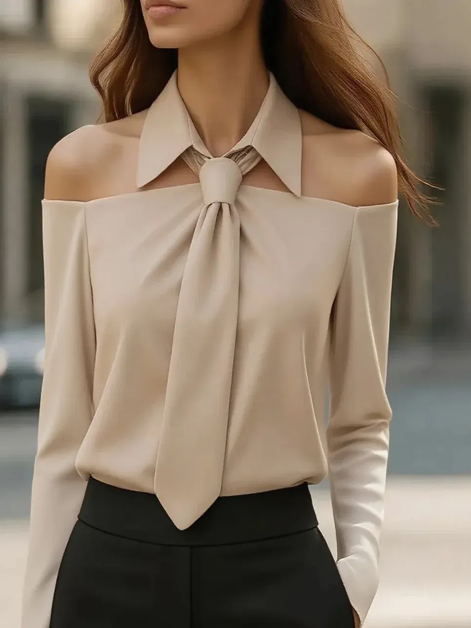 Solid Color Long-sleeved Lapel Off-shoulder Casual Shirt