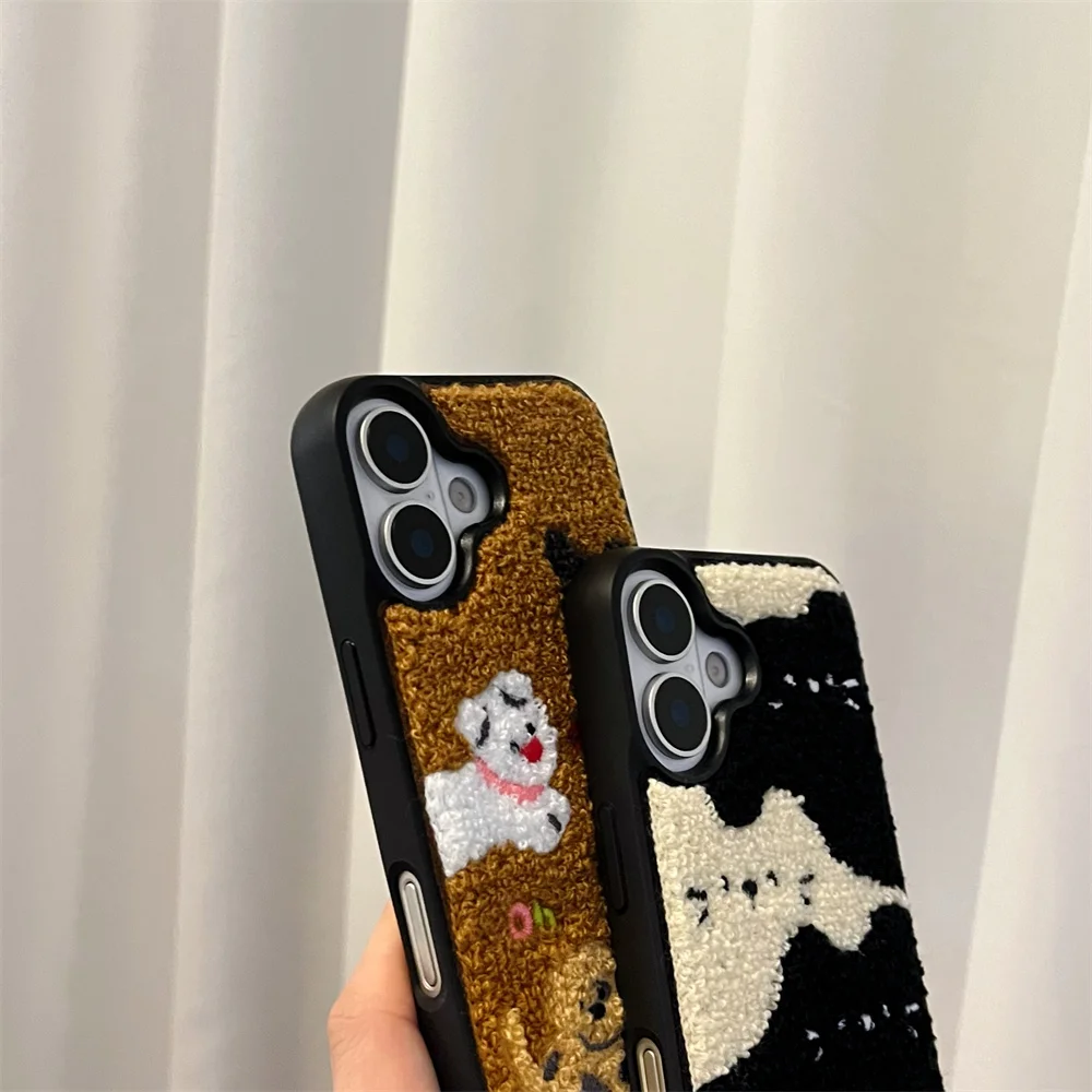 Color: Beige, Material: Vinyl - Luxury Cartoon Embroidery Cute Dog Cats Colorful Dots Phone Case For iPhone 13 14 15 16 Pro Max Plush Winter Shockproof Cover