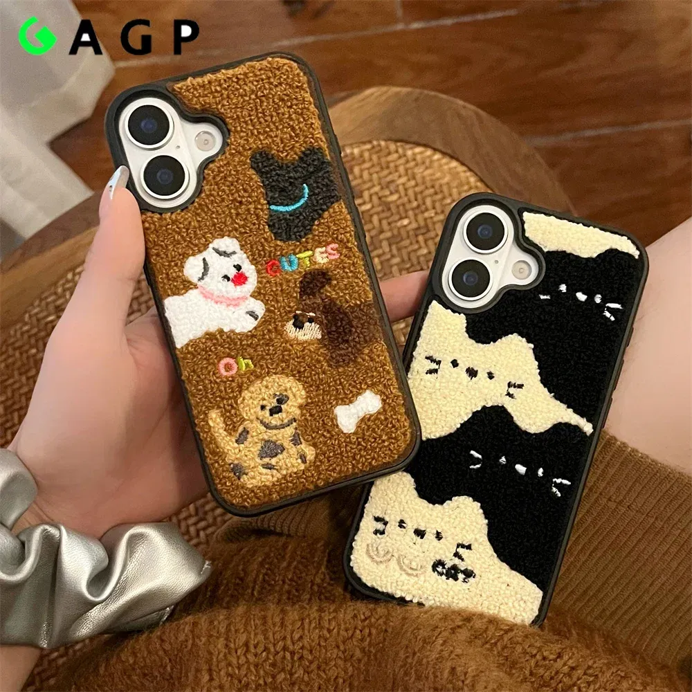 Color: Beige, Material: Vinyl - Luxury Cartoon Embroidery Cute Dog Cats Colorful Dots Phone Case For iPhone 13 14 15 16 Pro Max Plush Winter Shockproof Cover