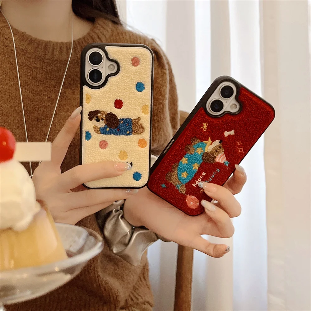 Color: Beige, Material: Vinyl - Luxury Cartoon Embroidery Cute Dog Cats Colorful Dots Phone Case For iPhone 13 14 15 16 Pro Max Plush Winter Shockproof Cover