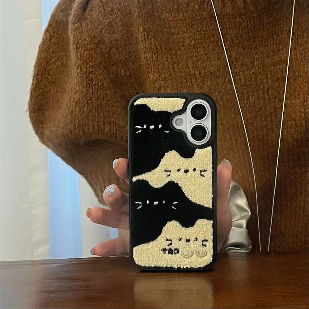 Color: Beige, Material: Vinyl - Luxury Cartoon Embroidery Cute Dog Cats Colorful Dots Phone Case For iPhone 13 14 15 16 Pro Max Plush Winter Shockproof Cover