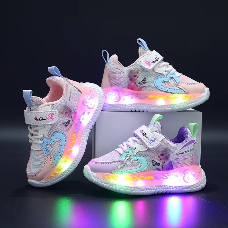 Color: PURPLE, Shoe Size: 11 - Disney Children Led Shoes Kids Girls Sneakers Frozen Elsa Princess Lighting Shoes Pink Purple Casual Sports Shoes Size 21-31