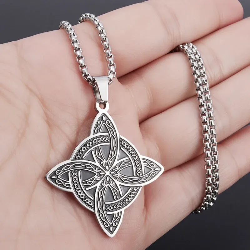 Metal Color: Dark Gold - Stainless Steel Silver Color Pattern Witch Knot Pendant Necklace Celtic Knot Lucky Jewelry Gift for Friends Family