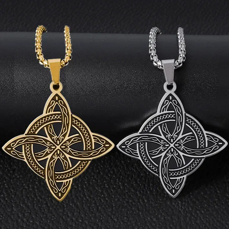 Metal Color: Dark Gold - Stainless Steel Silver Color Pattern Witch Knot Pendant Necklace Celtic Knot Lucky Jewelry Gift for Friends Family