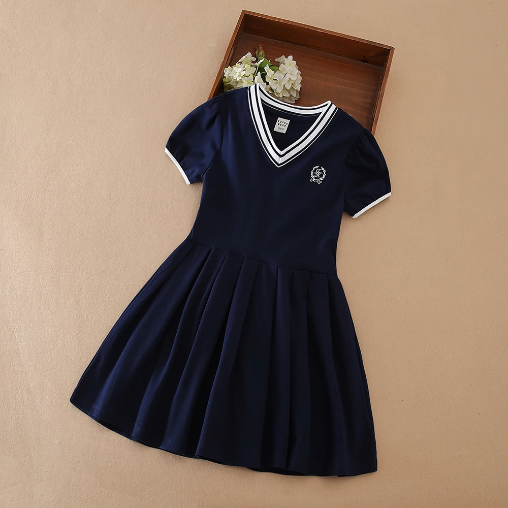 Color: Blue, Kid US Size: 8T - Girls' White Summer Dress V-Neck Polo Pleated Dress for School 5-12 Years Girls Clothing