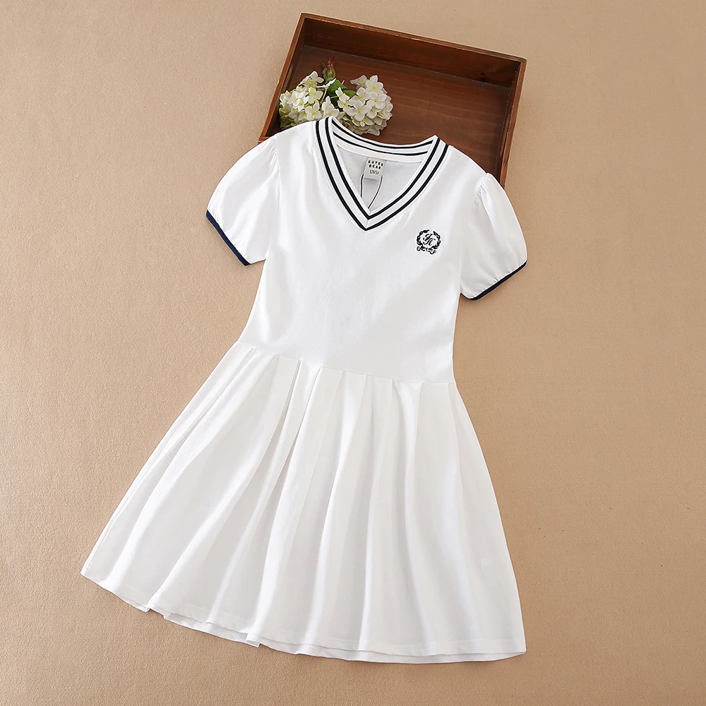 Color: Blue, Kid US Size: 8T - Girls' White Summer Dress V-Neck Polo Pleated Dress for School 5-12 Years Girls Clothing