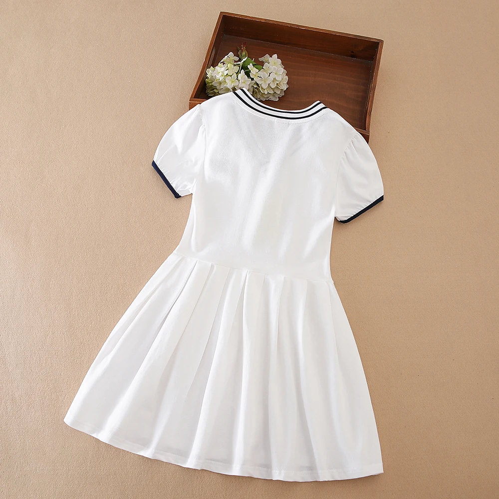 Color: Blue, Kid US Size: 8T - Girls' White Summer Dress V-Neck Polo Pleated Dress for School 5-12 Years Girls Clothing