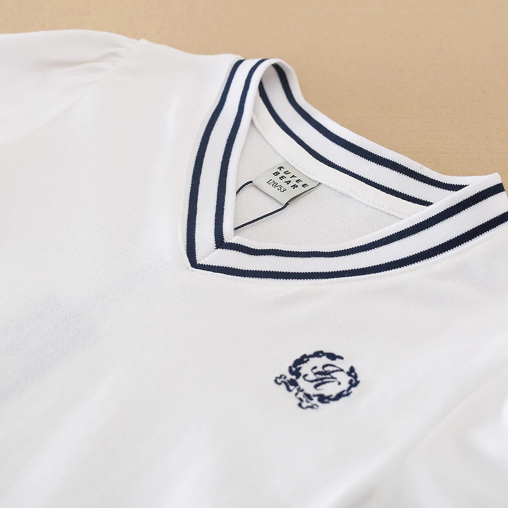 Color: Blue, Kid US Size: 8T - Girls' White Summer Dress V-Neck Polo Pleated Dress for School 5-12 Years Girls Clothing