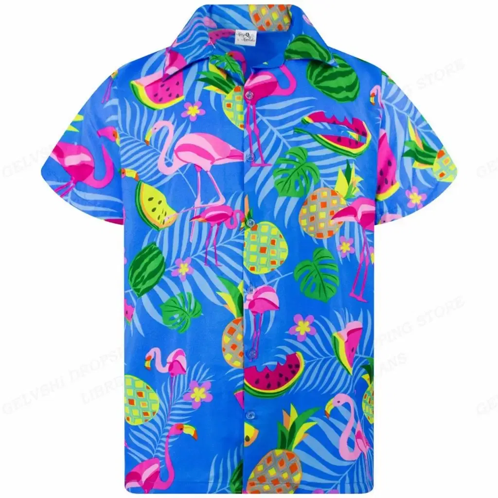 Color: Gold, Size: S - Flamingo Hawaiian Shirts Beach Summer Men's Shirt Tropic Leaf 3D Print Shirts Men Women Fashion Blouse Short Sleeve Vocation