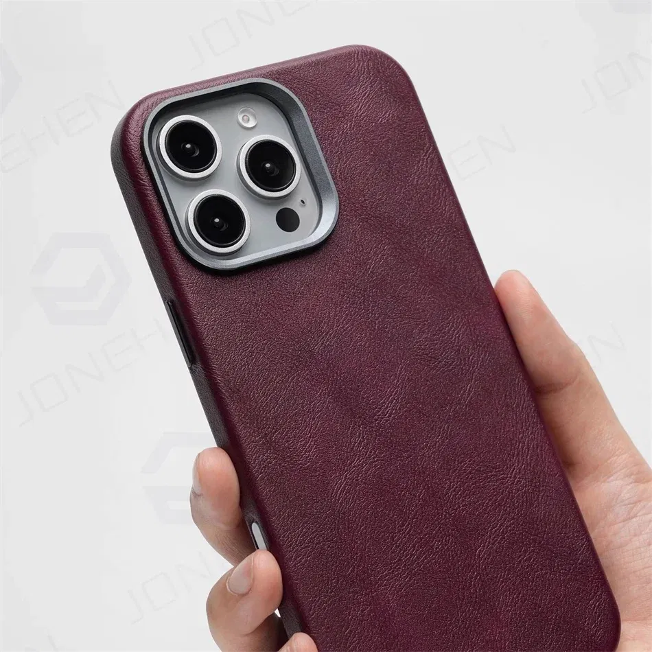 Color: Brown, Material: PC - High-end Retro Oil Wax Pattern Magnetic For Magsafe Leather Case For iPhone Air 15 14 Plus 13 16 17 Pro Max Camera Button Cover