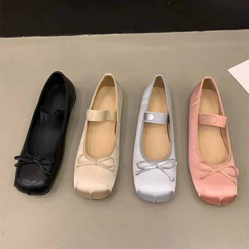 Color: black, Shoe Size: 40 - 2023Luxury Satin Silk Ballet Shoes Woman Classic Square Toe Bowtie Elastic Band Ballerina Flats Ladies Soft Loafers