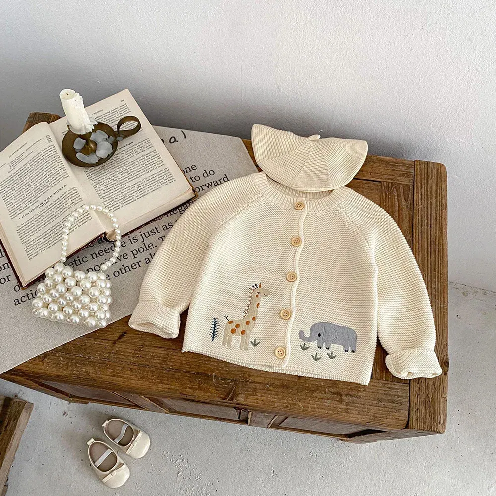 Color: Beige, Kid Size: 9M - 0-3 Y Autumn Baby Girls Clothes Animal Embroidery Sweaters Beige Knitwear O Neck Cardigans