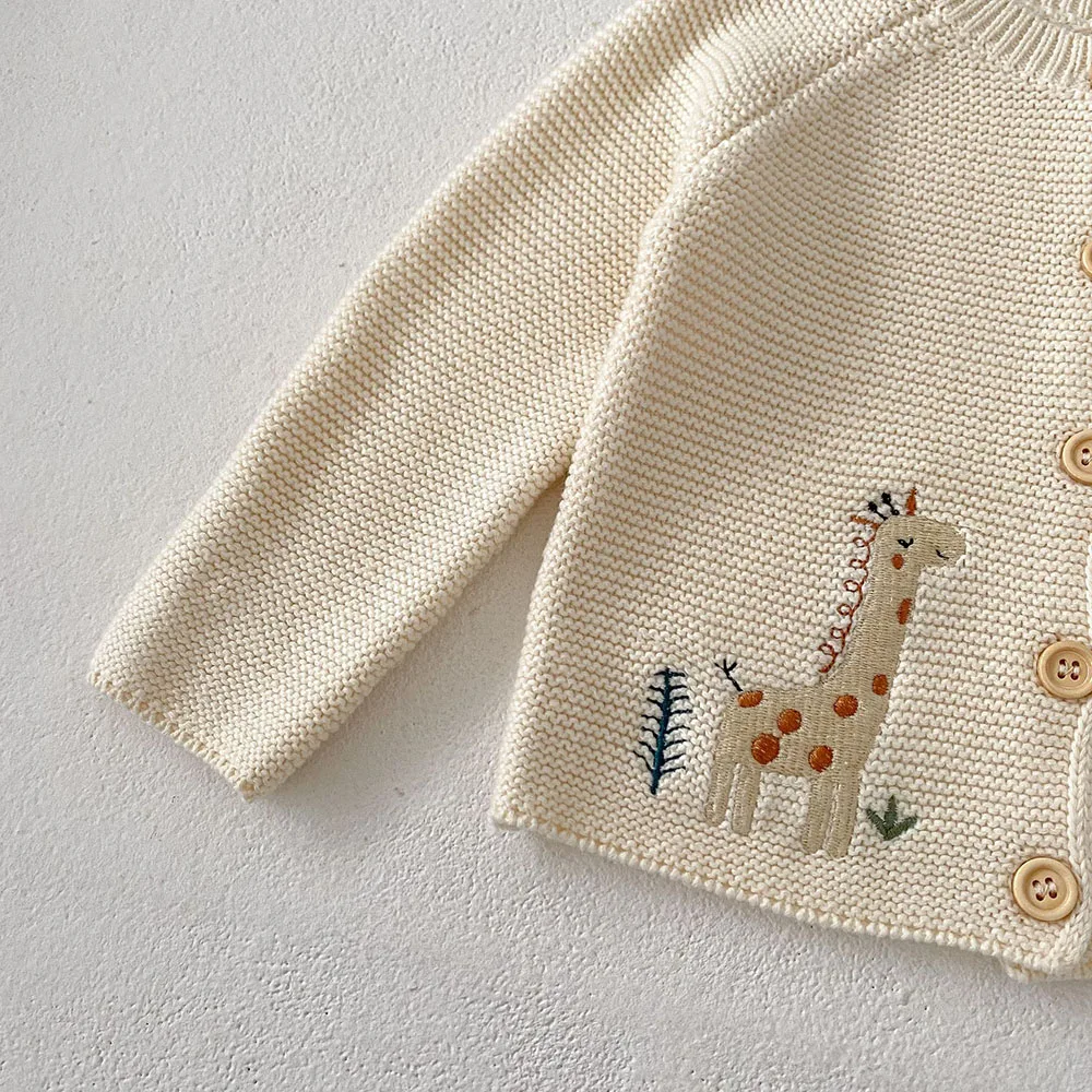 Color: Beige, Kid Size: 9M - 0-3 Y Autumn Baby Girls Clothes Animal Embroidery Sweaters Beige Knitwear O Neck Cardigans
