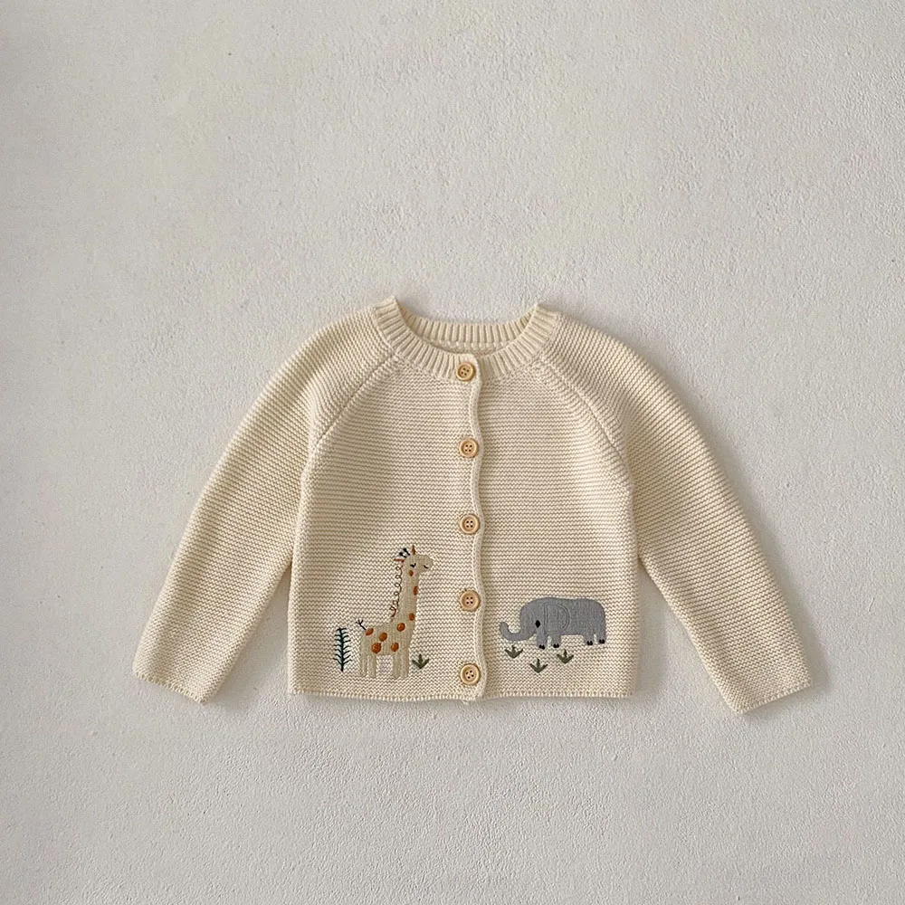 Color: Beige, Kid Size: 9M - 0-3 Y Autumn Baby Girls Clothes Animal Embroidery Sweaters Beige Knitwear O Neck Cardigans