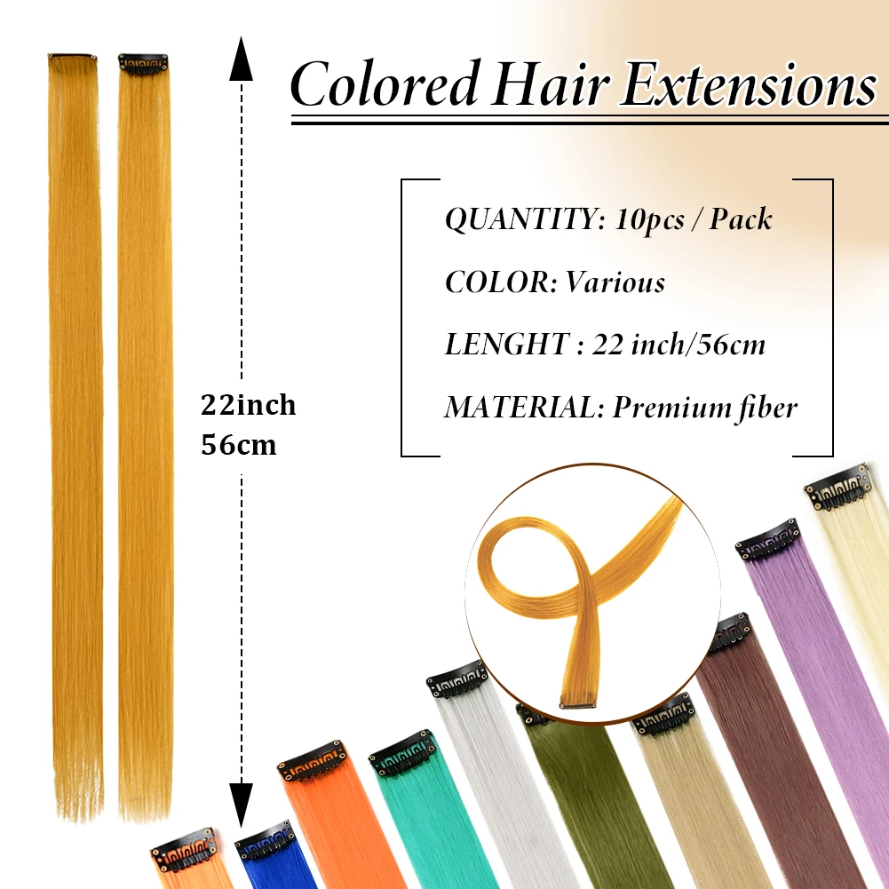 Color: #14, Stretched Length: 22inches, Ships From: CHINA - Synthetic 10 Pcs Straight Hair Extensions Clip in Hairpieces 22 Inch Hightlight Colorful Hair for Women Party Cosplay Gifts