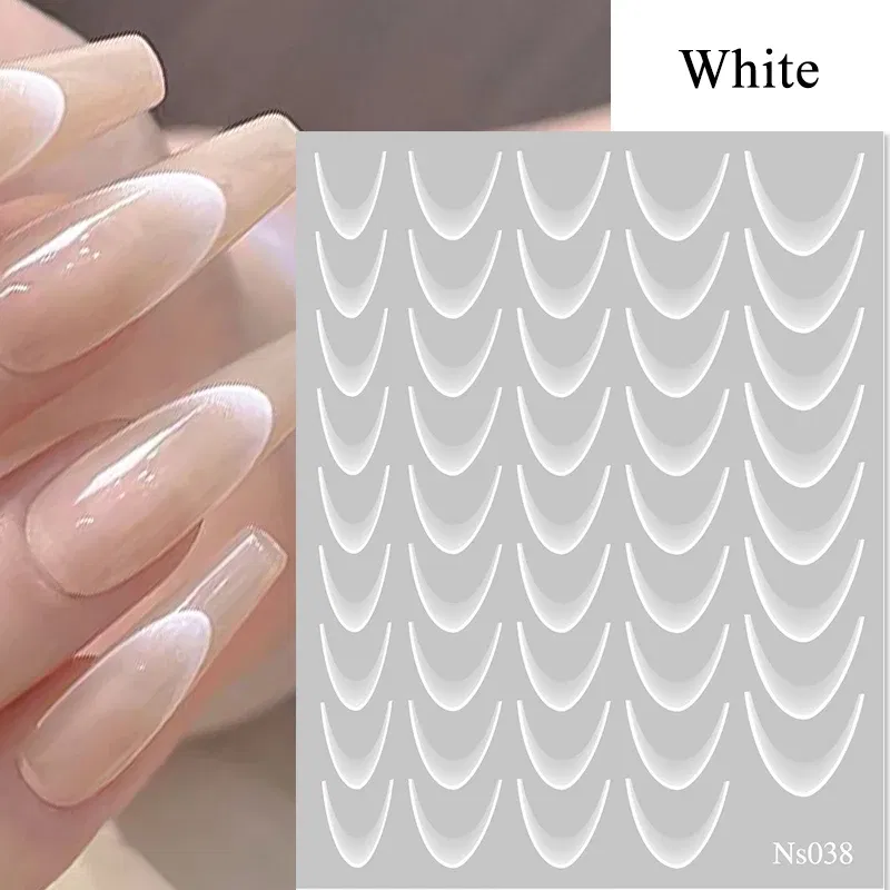 Color: Grey green - White French 3D Nail Stickers Manicure Gradient Line Flower Nail Art Designs Self-Adhesive Nail Tips Guides for DIY Decoration
