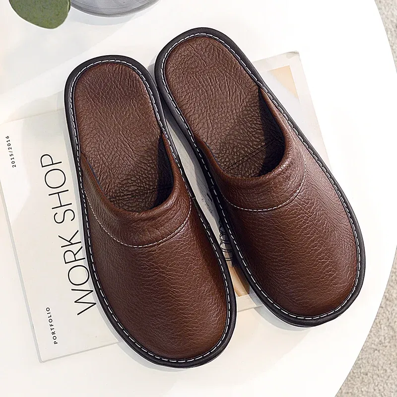 Color: Gold, Shoe Size: 13 - Mens Bedroom Leather Slippers Unisex Black Home Shoes Big Size 47 48 Man's Slippers Indoor Comfy Males Slides Family Flats Shoes