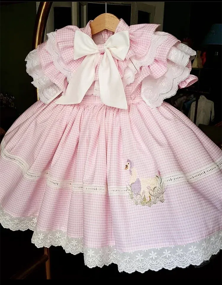 Kid Size: 8T - Baby Girl Summer Duck Embroidery Pink Plaid Turkish Vintage Ball Gown Princess Dress for Easter Eid Birthday Party