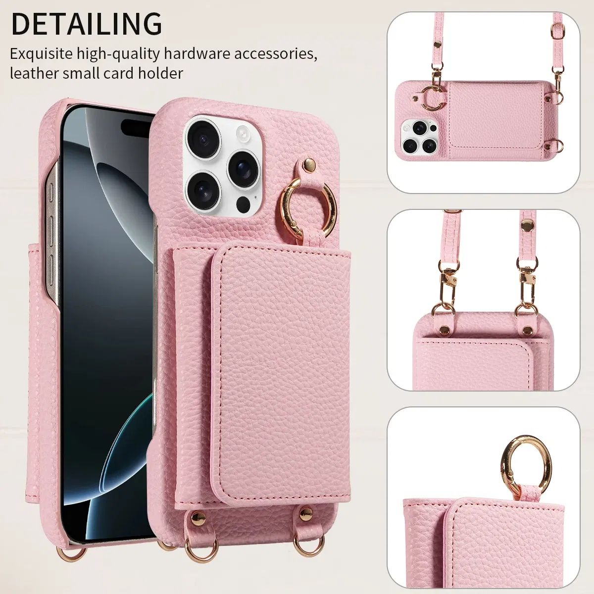 Color: Pink, Bundle: Case & Strap, Material: Artificial Leather, Compatibility by Model: iPhone 16 Pro Max - For IPhone16 15 Pro Max 14 13 12 Series PU Leather Magsafe Magnetic Wireless Charging Shockproof Crossbody Wallet Phone Case