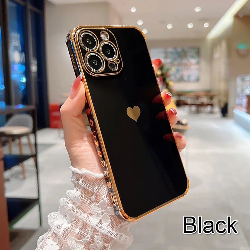 Color: black, Compatible-Phone Models: For iPhone 12 Mini, Ships From: CN - Electroplating Side Love Heart Phone Case For IPhone 17 16 15 14 13 12 11 Pro Max XR 8 Plus SE2/SE3 Shockproof Back Cover