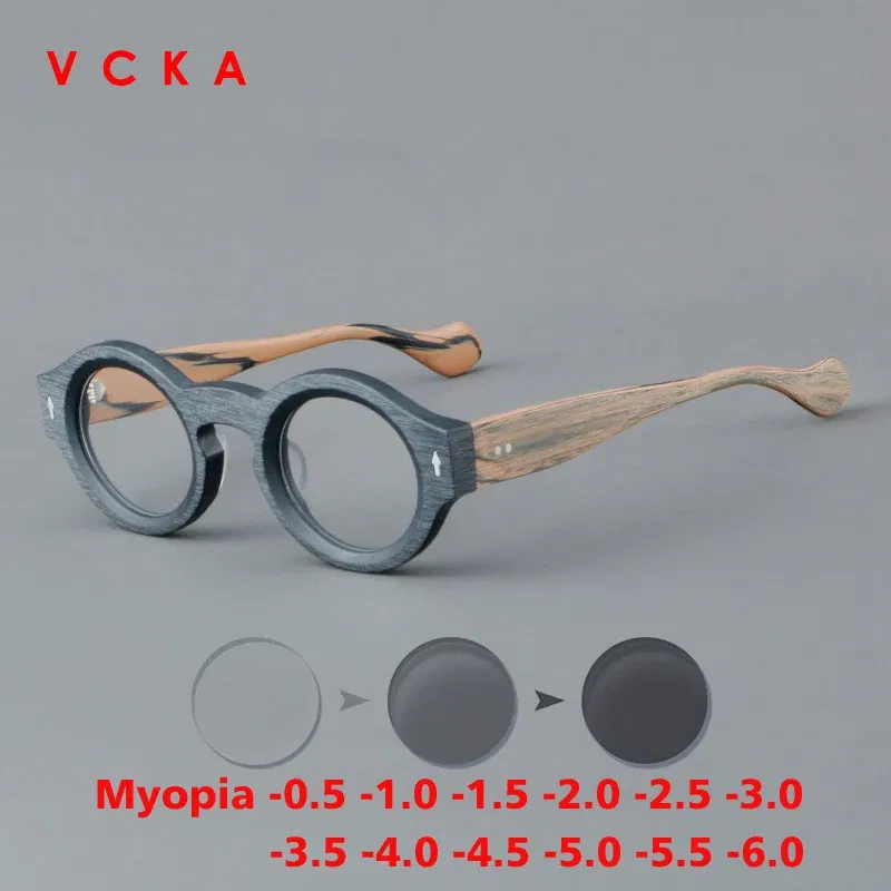 Frame Color: GRAY, Eye Prescription: +325 - VCKA Round Acetate Myopia Anti-blue Discolor Glasses Vintage Men Prescription Intensification Custom Optics Eyewear -0.50 to -10