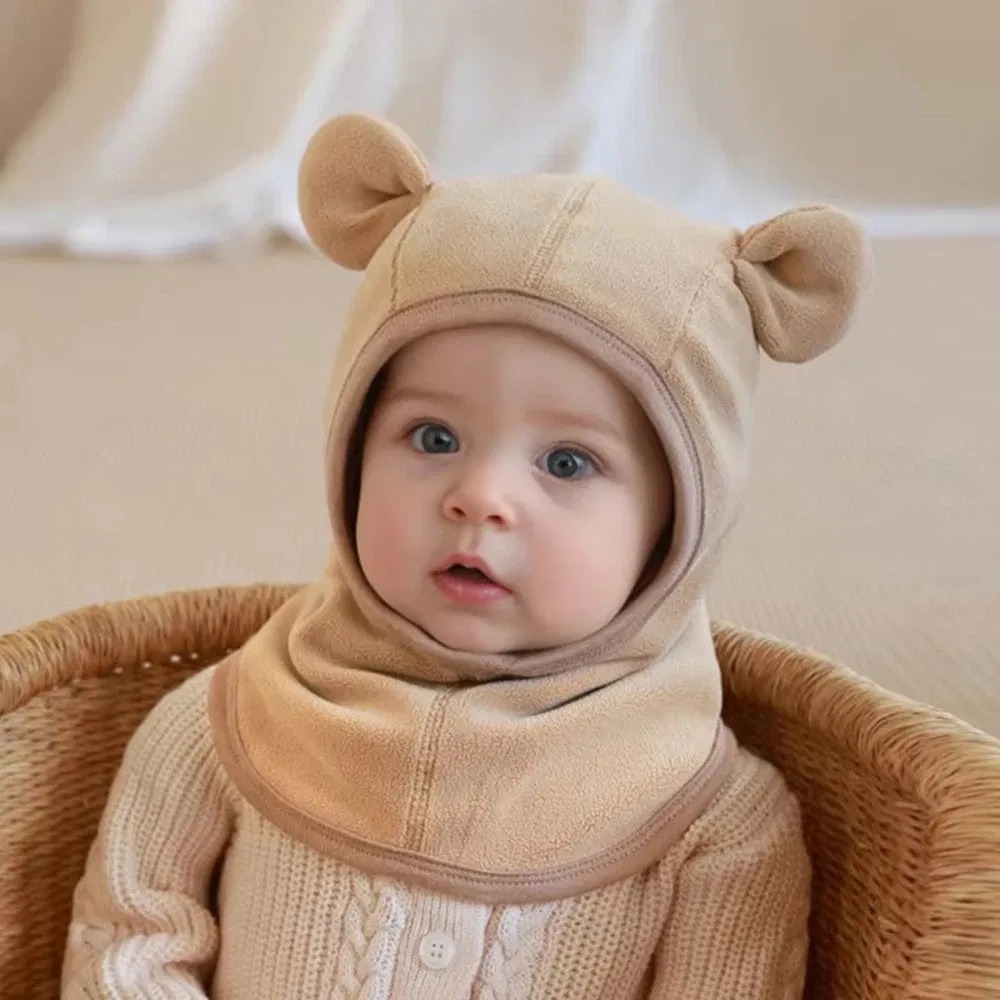 Color: Beige, Size: One Size - Baby Hats Scarf Set Winter Toddler Polar Fleece Balaclavas Infant Cute Ear Protection Beanies Boys/Girls Warm Caps Scarf Set