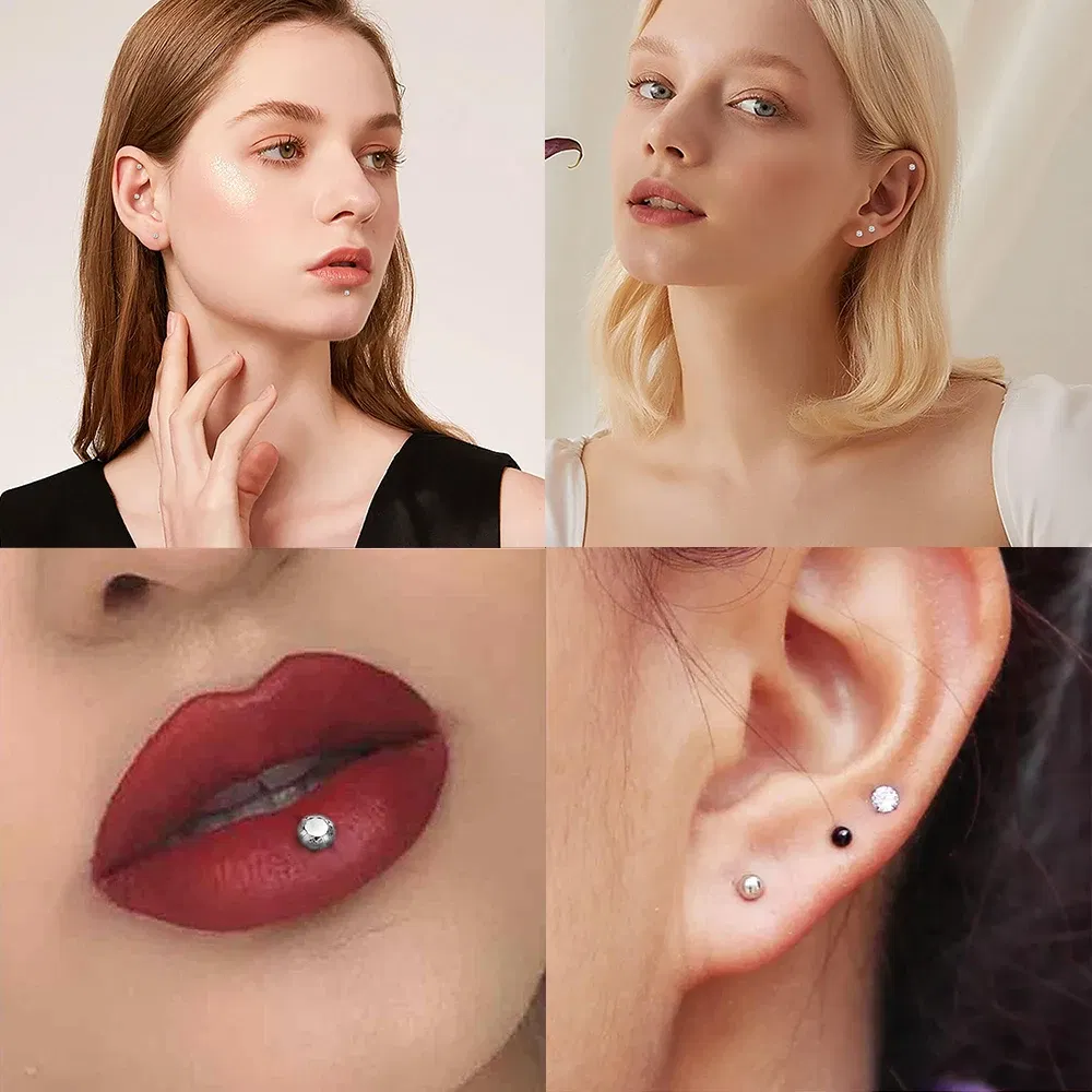 Metal color: ROSE GOLD COLOR, Ships From: CHINA, Main Stone Color: Red - 10PCS G23 Titanium Labret Piercing Lip Ring 16G F136 Internal Thread Nose Stud Earring Tragus Helix Cartilage Piercing Jewelry